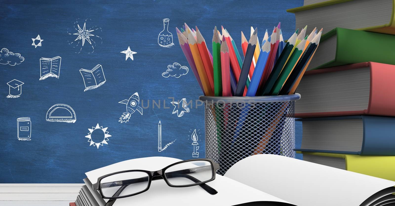 Digital composite of Education drawing on blackboard for school with books