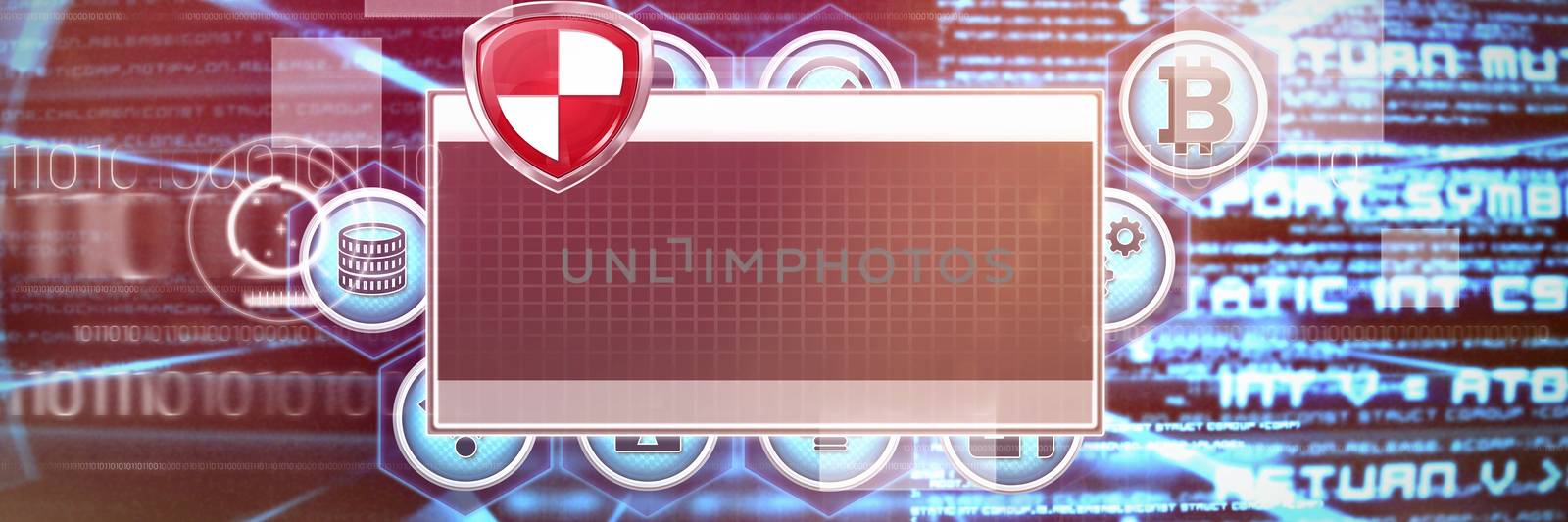 Red badge symbol against abstract blue text