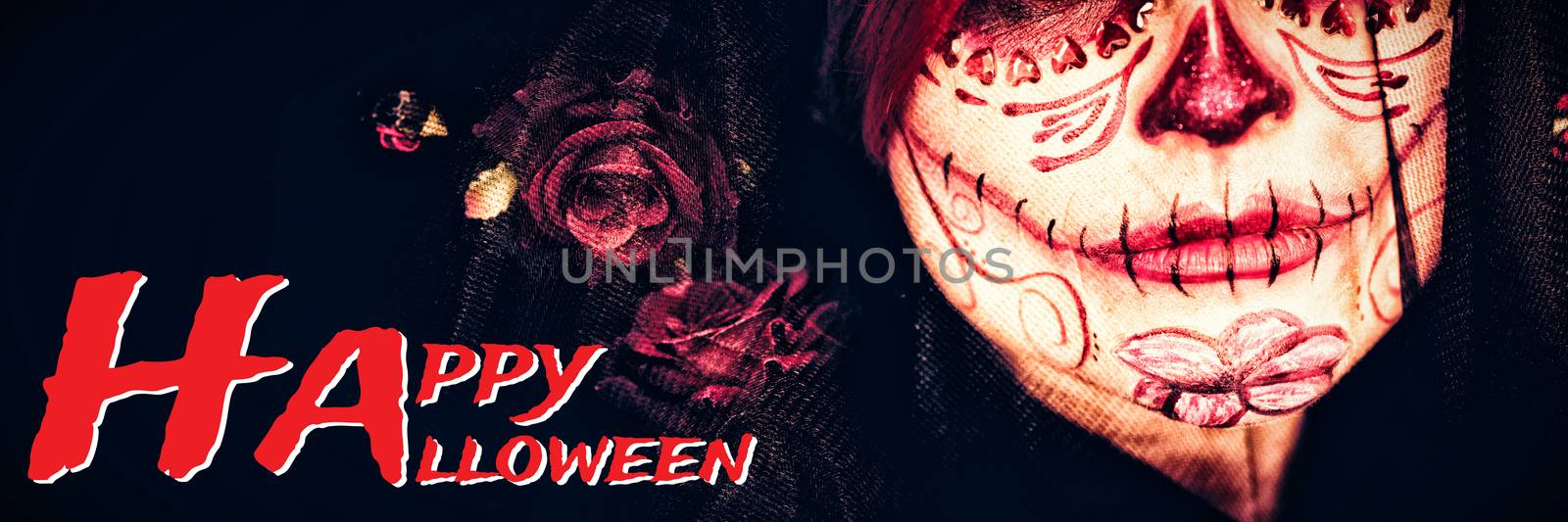 Graphic image of Happy Halloween text against attractive young woman with makeup