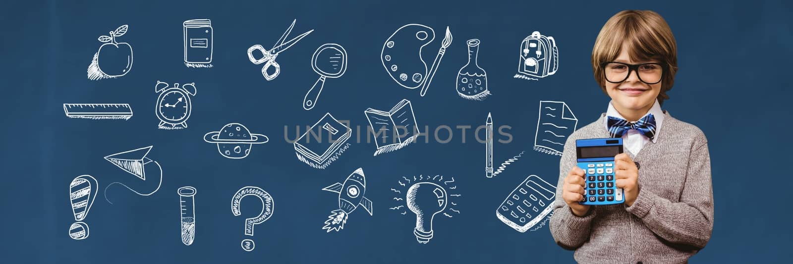 Digital composite of School boy holding calculator and Education drawing on blackboard for school