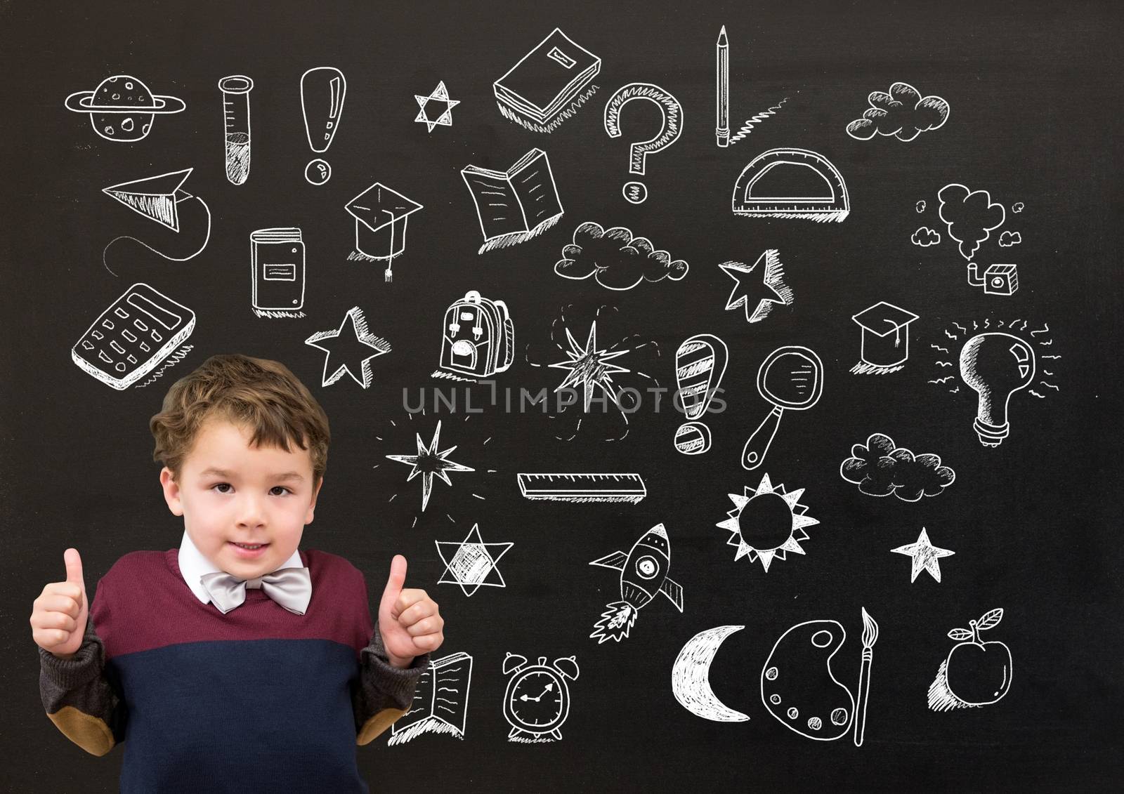 Digital composite of School boy and Education drawing on blackboard for school