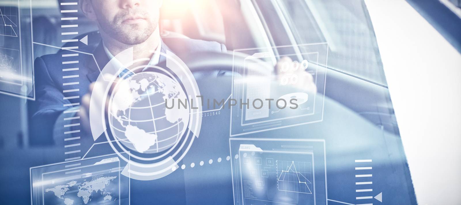 Technology interface  against man driving car