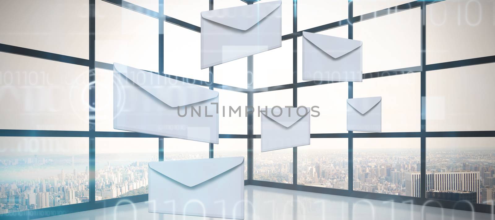 Graphic of Envelopes on white background against blue technology design with binary code