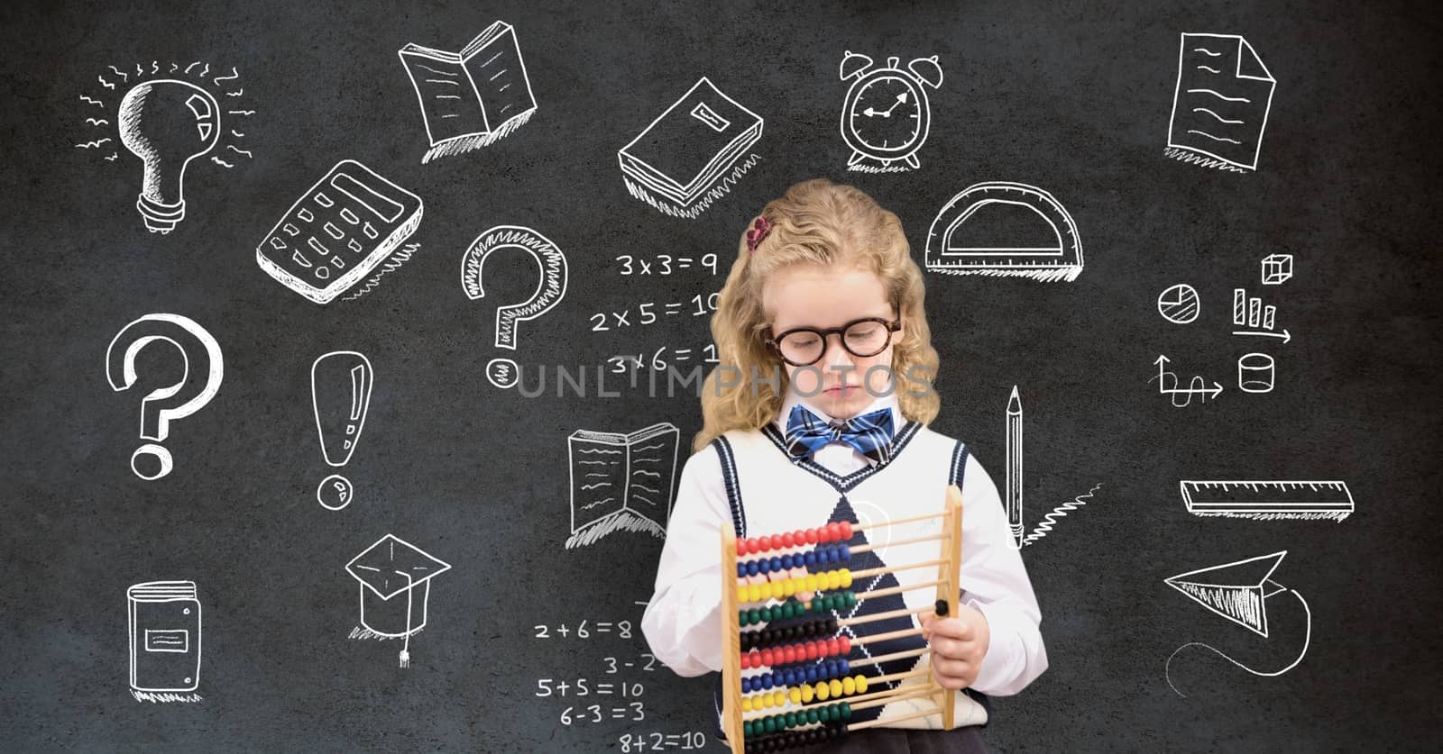 Digital composite of School girl and Education drawing on blackboard for school