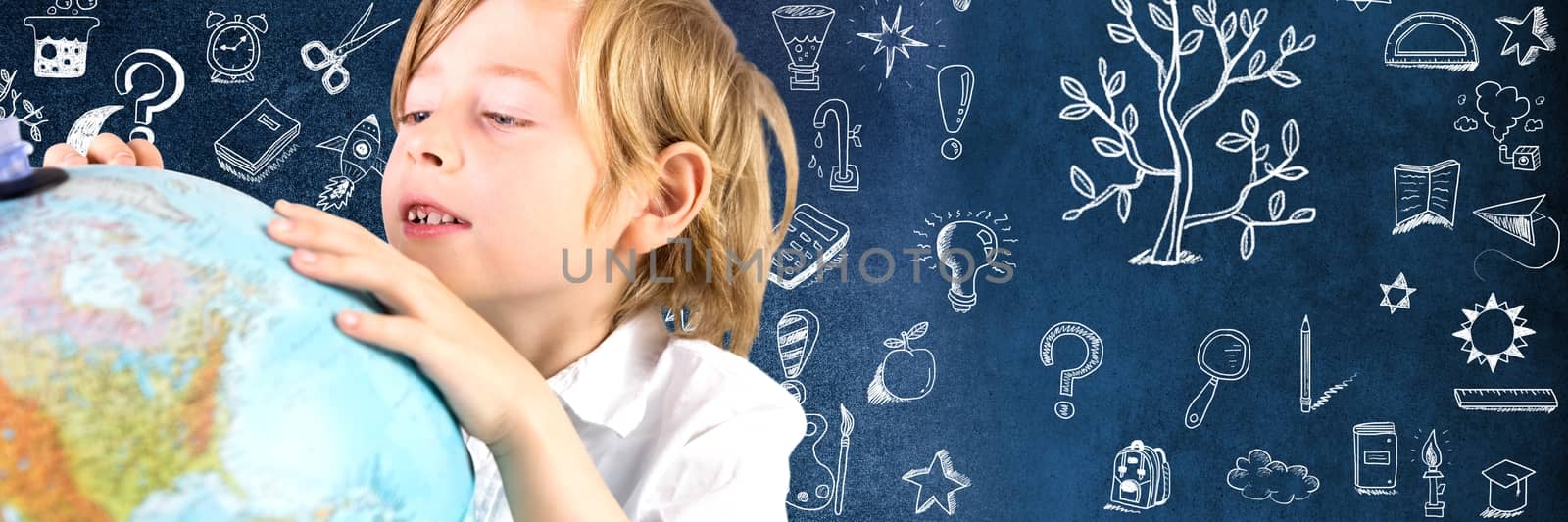 Digital composite of School boy with world globe and Education drawing on blackboard for school