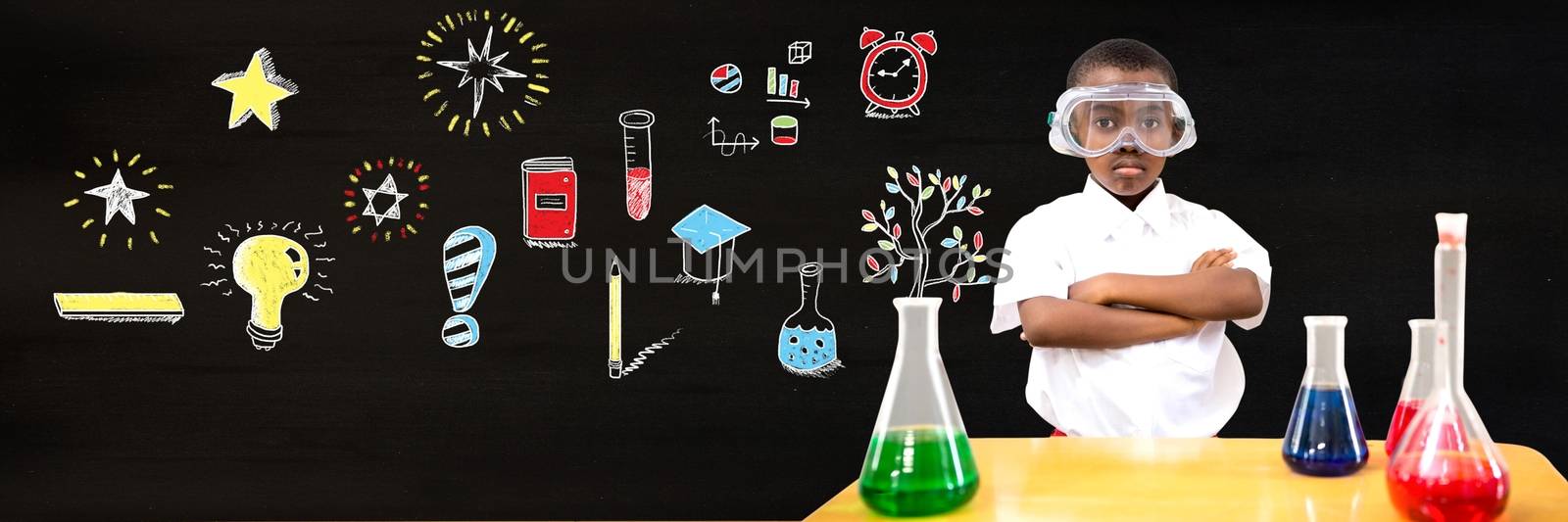 Digital composite of School boy scientist and Education drawing on blackboard for school