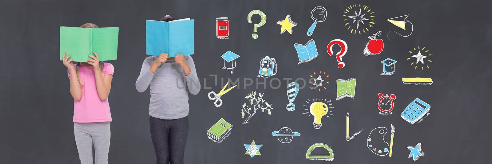 Digital composite of School kids reading and Education drawing on blackboard