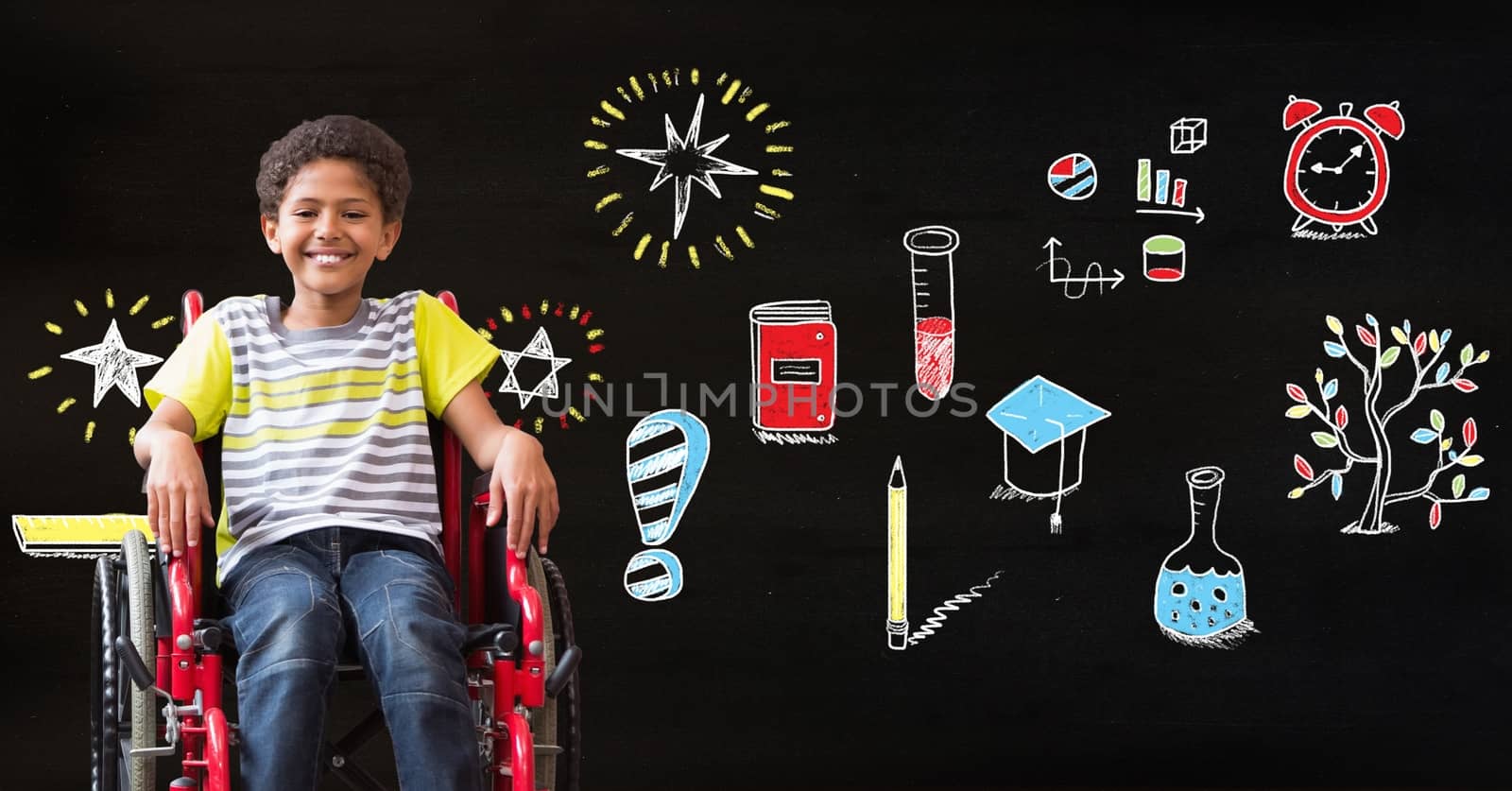 Digital composite of School boy in wheelchair and Education drawing on blackboard for school