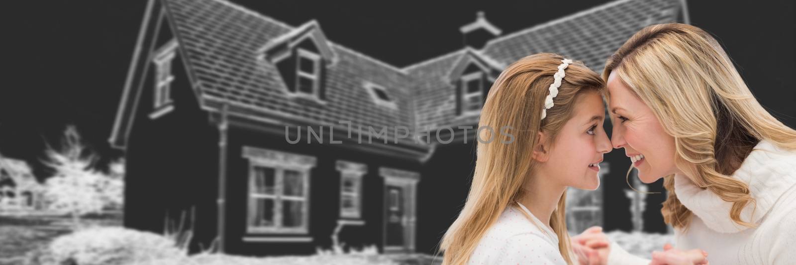 Digital composite of Mother and daughter family in front of house drawing sketch