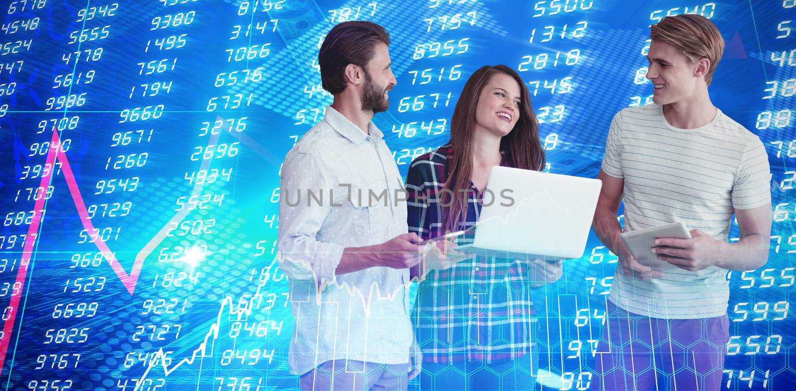 Business people using wireless technology while standing against white background against stocks and shares