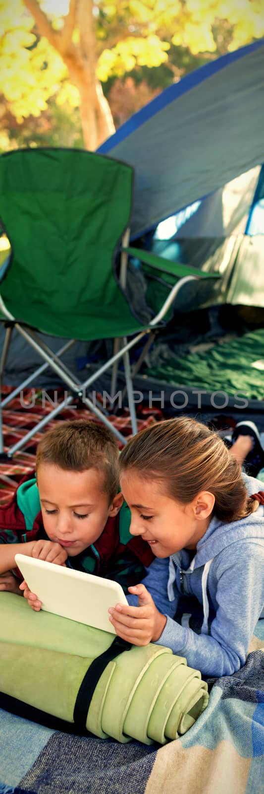 Siblings using laptop outside the tent at campsite