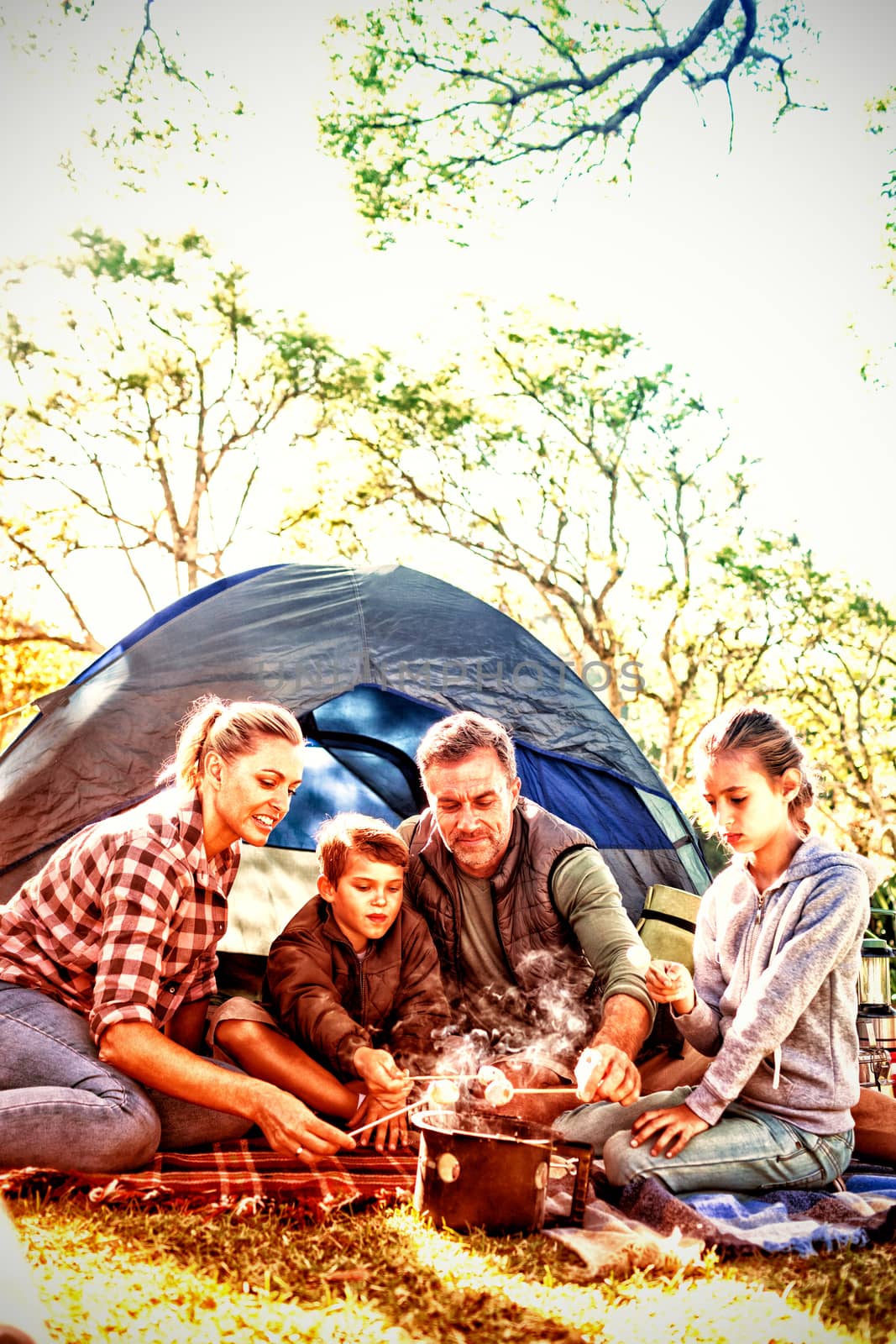 Family roasting marshmallows outside the tent on a sunny day