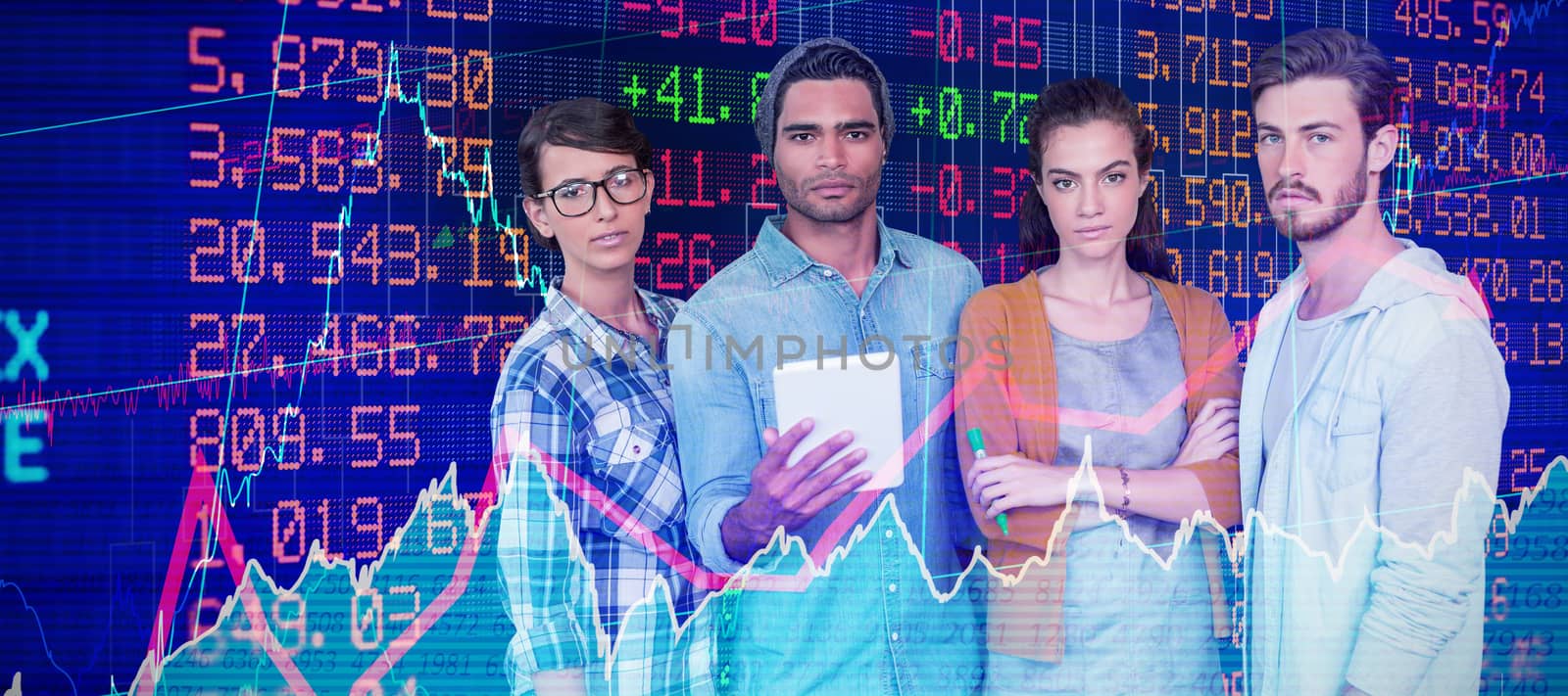 Portrait of business people standing against white background against stocks and shares