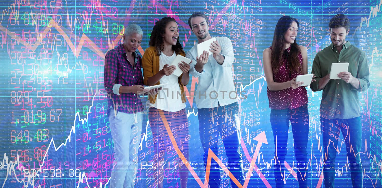 Business people discussing over tablet against white background against stocks and shares