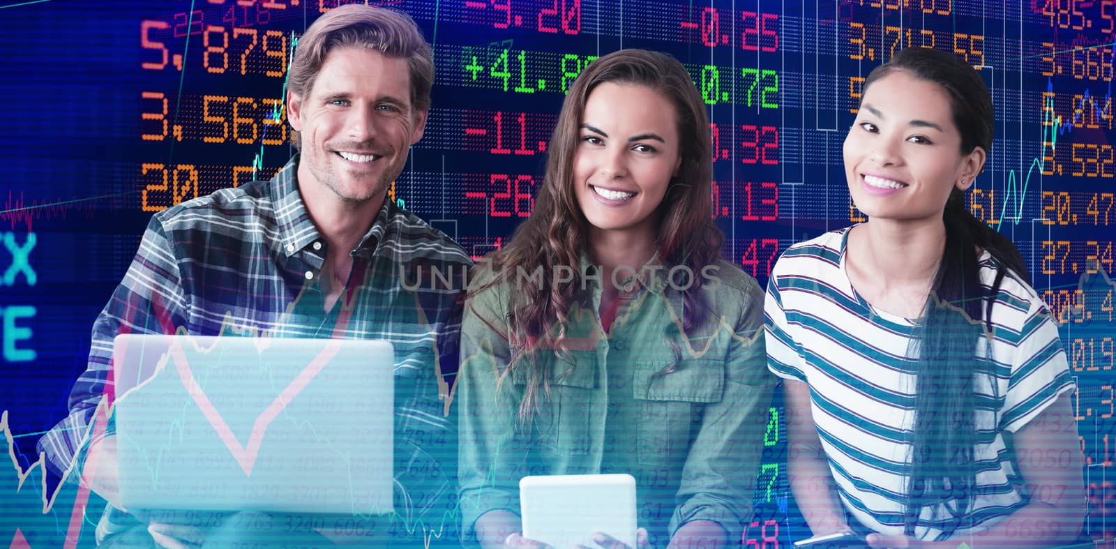 Portrait of smiling business people sitting on seat against stocks and shares