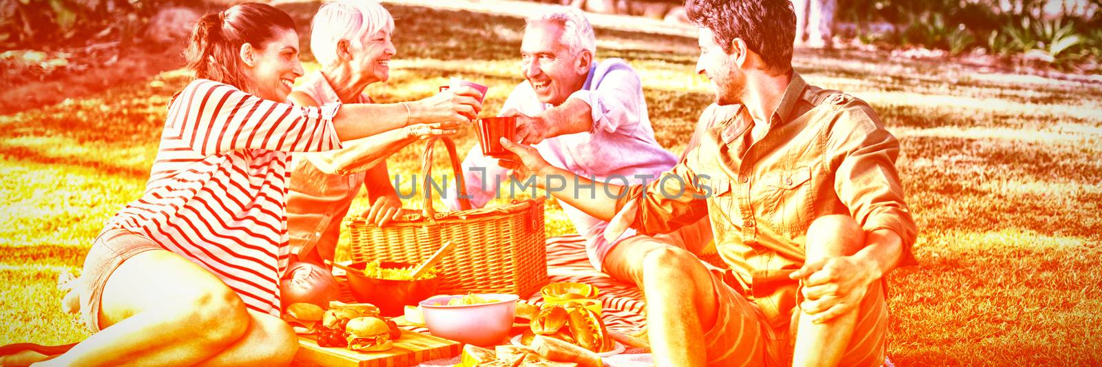 Happy family toasting glasses at picnic in park on a sunny day