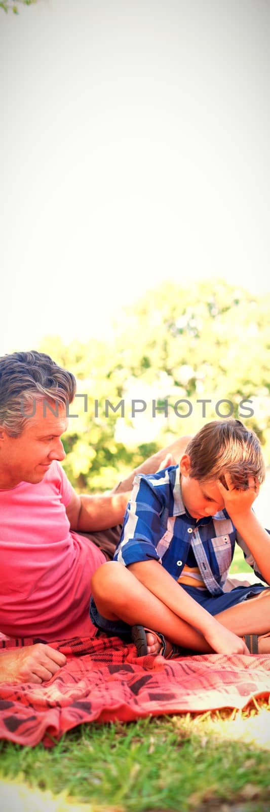 Father consoling his son at picnic in park on a sunny day