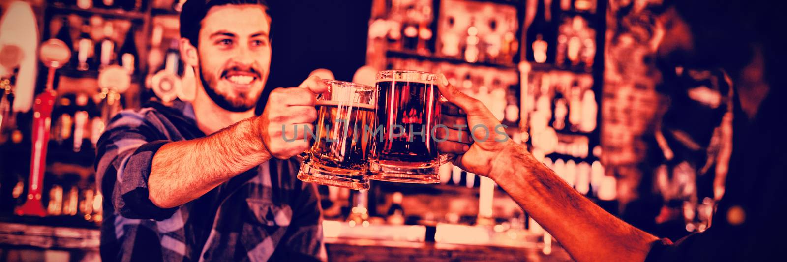 Two young men toasting their beer mugs in pub