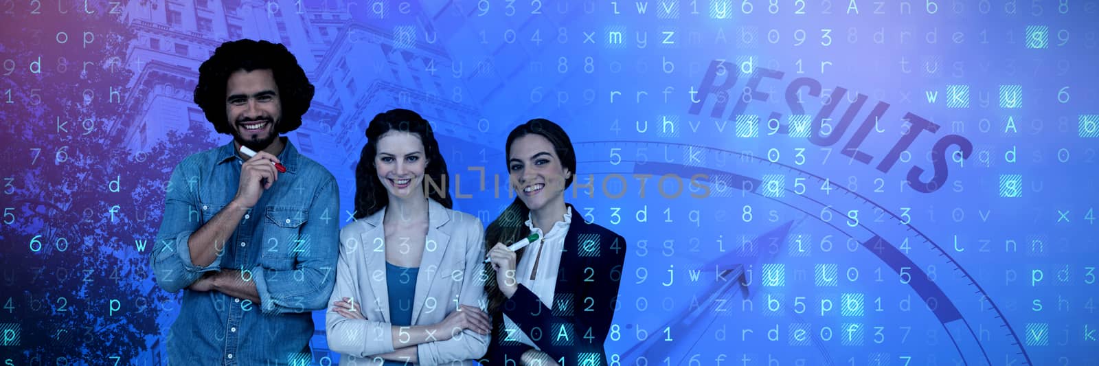Happy business people standing on white background against compass with result text