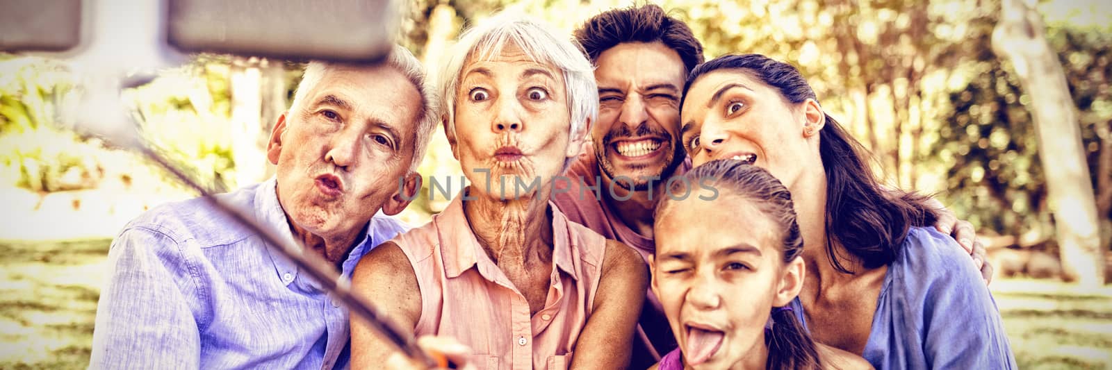 Playful family making funny faces while taking a selfie in the park