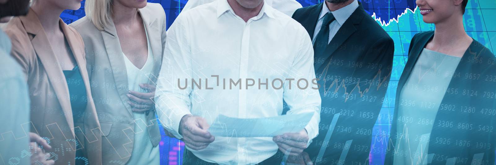 Businessman explaining blueprint to colleagues against white background against stocks and shares