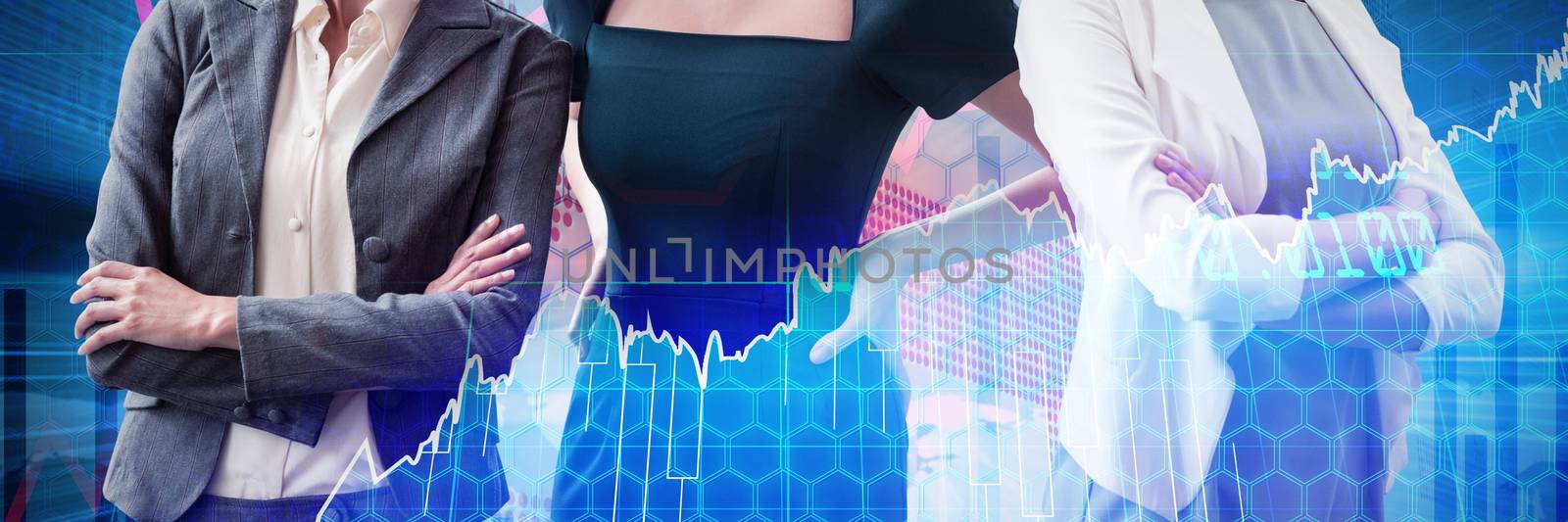 Confident businesswomen standing against white background against stocks and shares