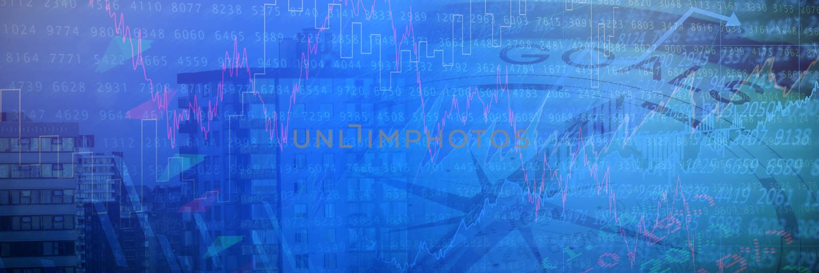 Goals text with graphs and navigational compass against sunlight falling on office buildings in city
