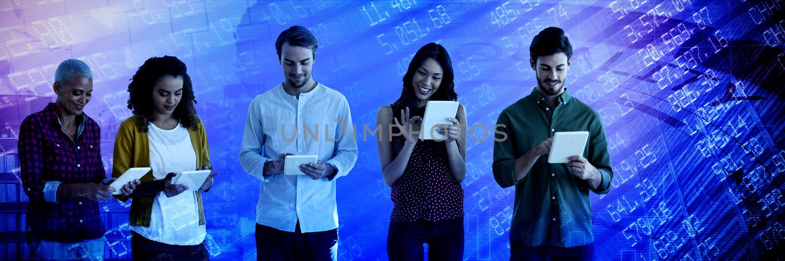 Business people using tablet against white background against high angle view of crowded buildings in city