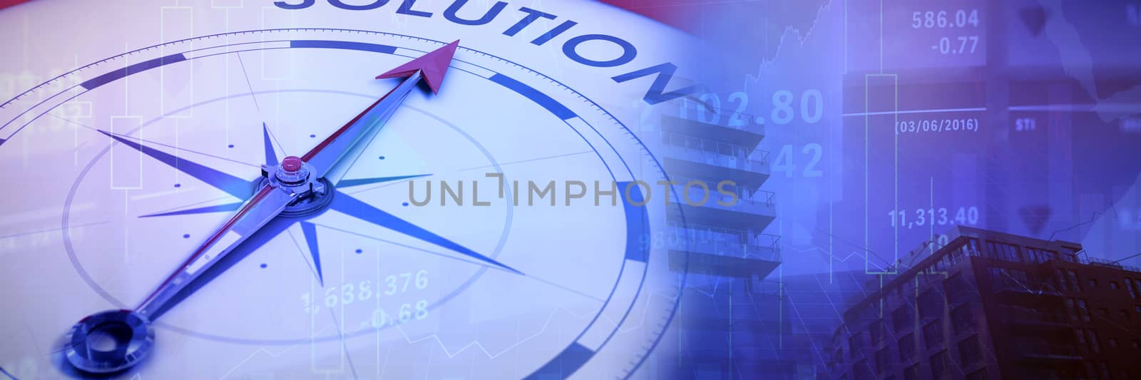 Compass pointing to solution against modern buildings against sky