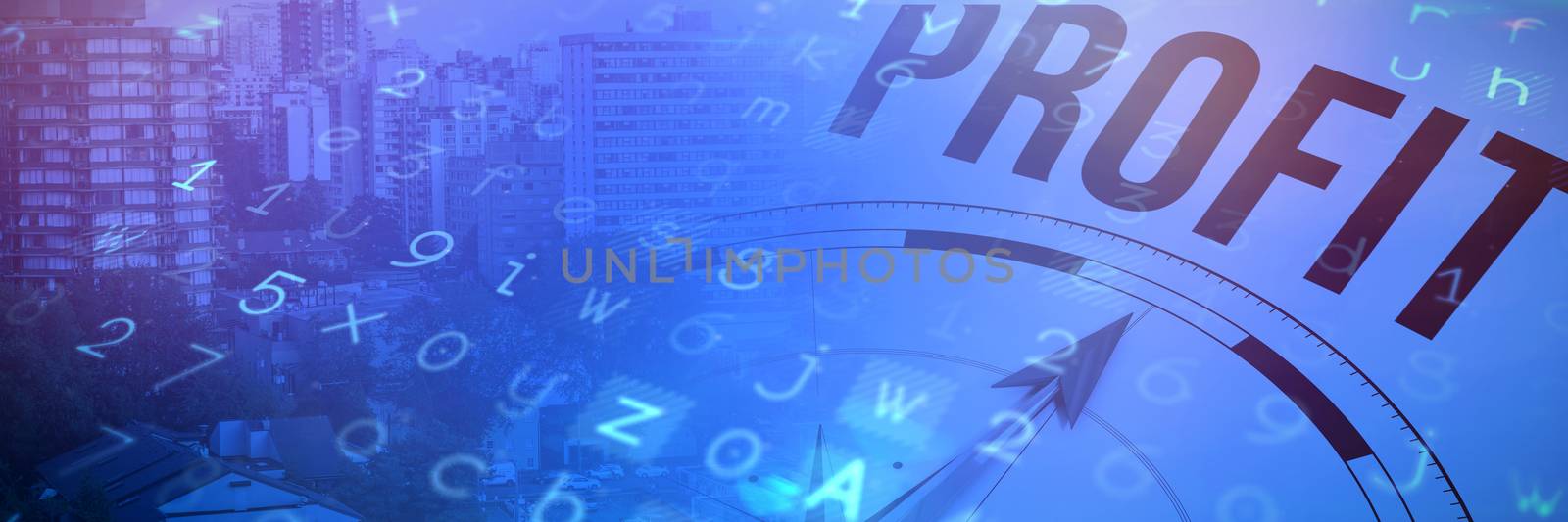 Compass with profit text against high angle view of modern buildings city