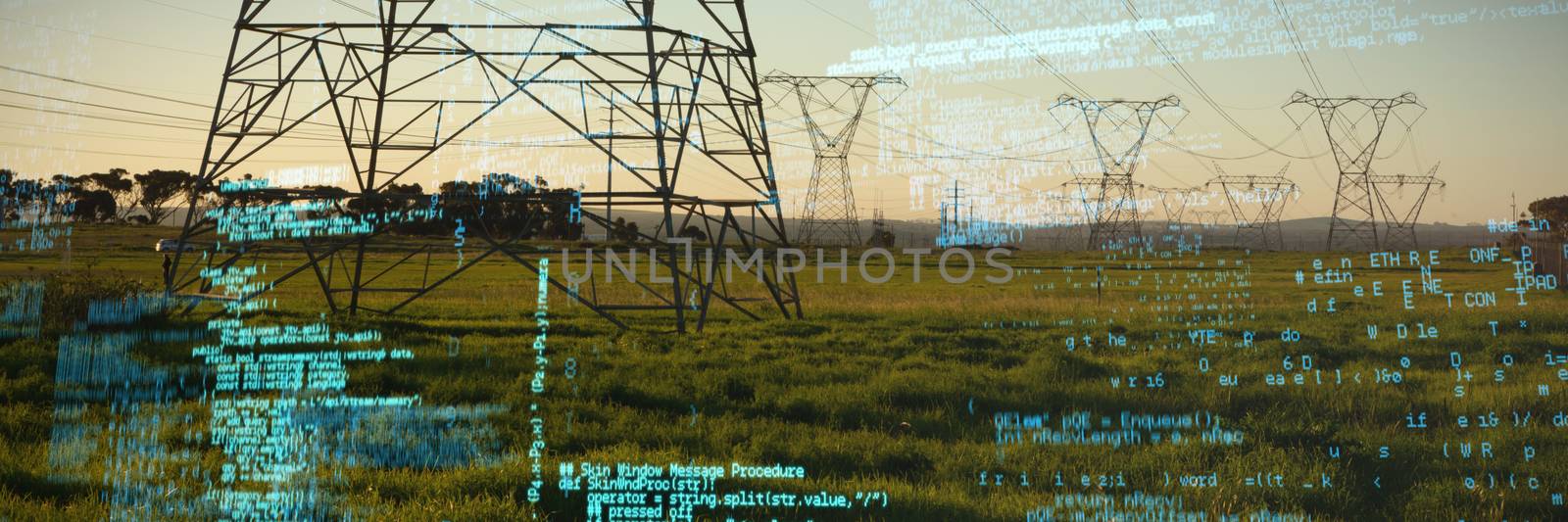 Blue codes against the evening electricity pylon silhouette