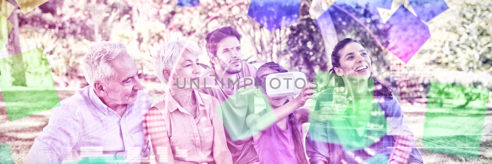 Composite image of face against girl using vr headset while sitting with her family