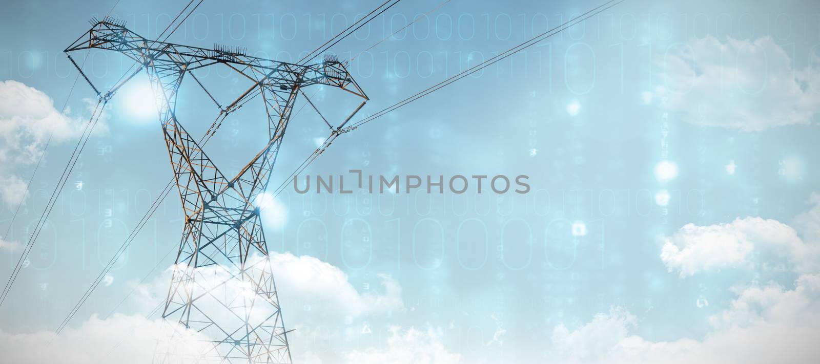 Clouds over binary coded screen against the evening electricity pylon silhouette