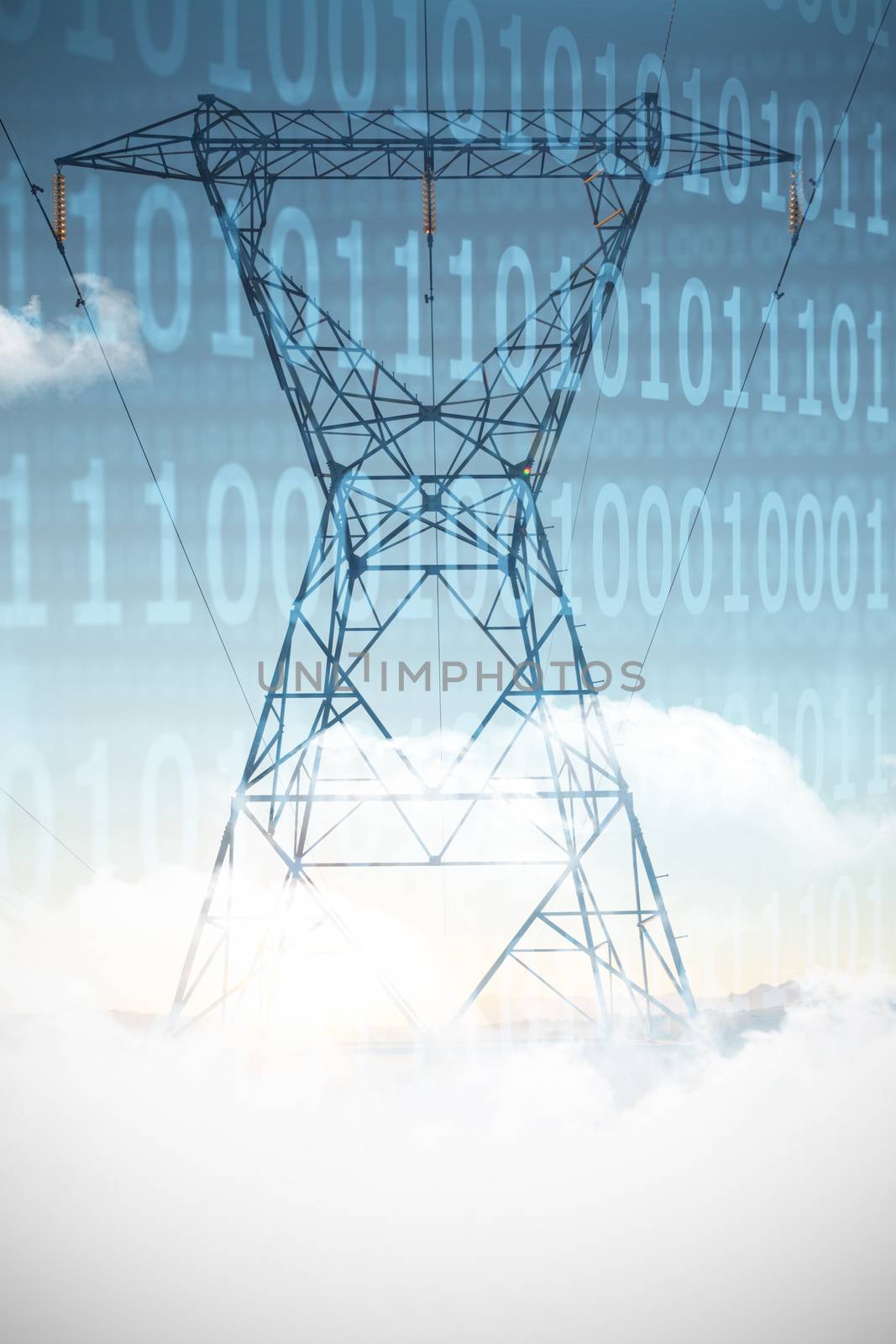 Clouds and binary coded computer screen against the evening electricity pylon silhouette