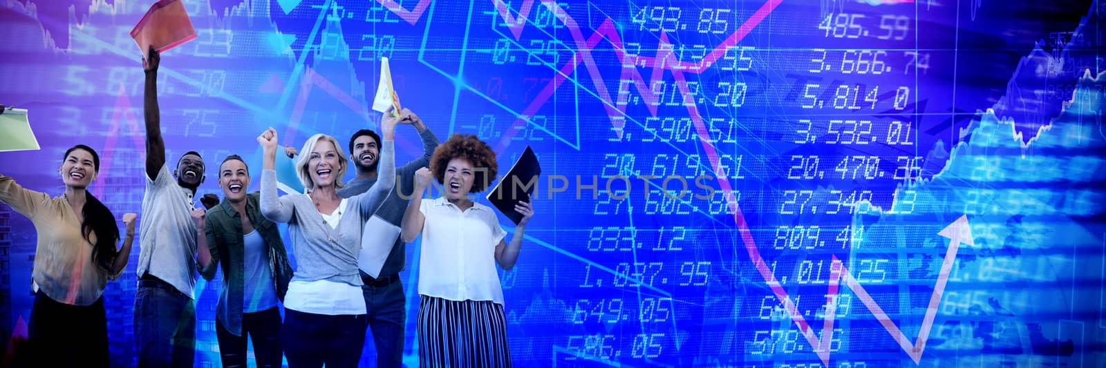 Cheerful business people holding files against high angle view of crowded buildings in city