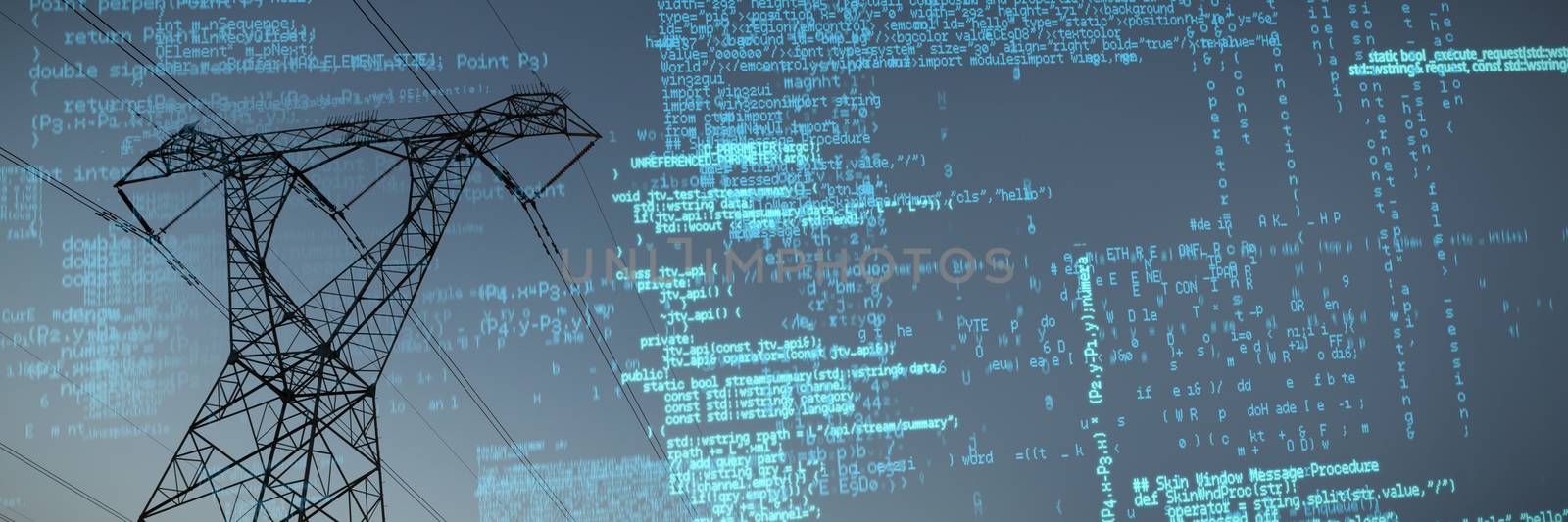 Composite image of binary codes against the evening electricity pylon silhouette