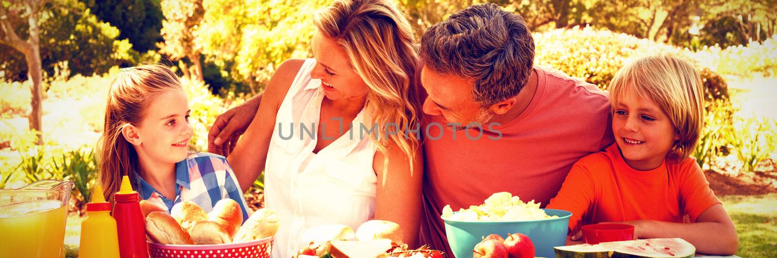 Happy family interacting with each other while having meal in park on a sunny day