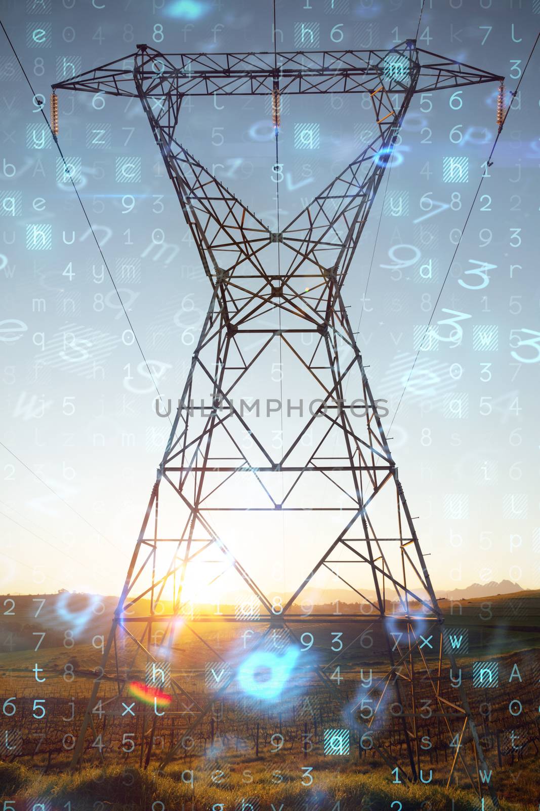 Virus background against the evening electricity pylon silhouette