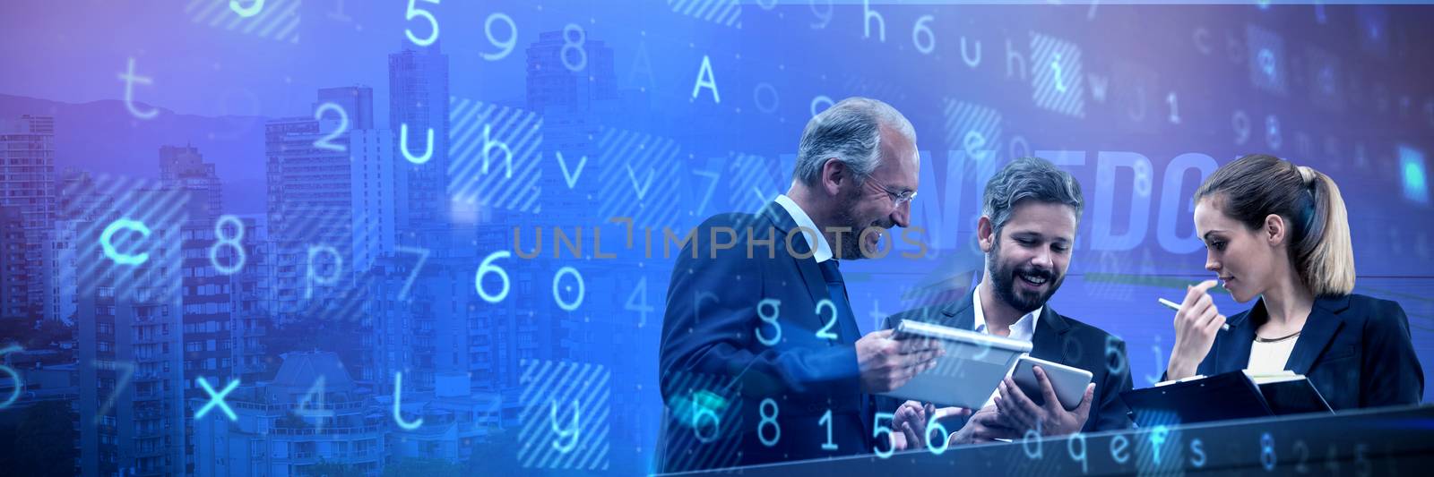 Composite image of colleagues discussing  over technology against white background by Wavebreakmedia