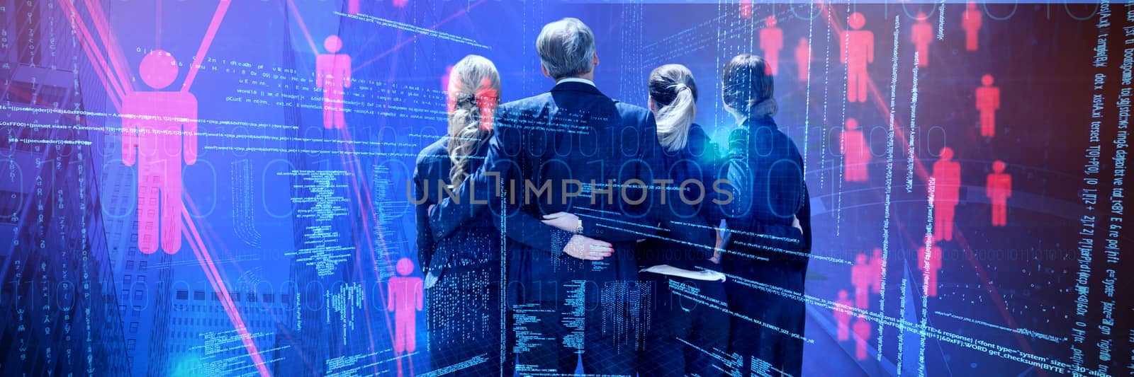 Rear view of business people with arms around against compass with results text