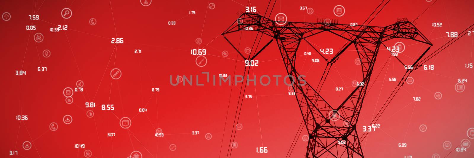 Sphere of icons and numbers against the evening electricity pylon silhouette