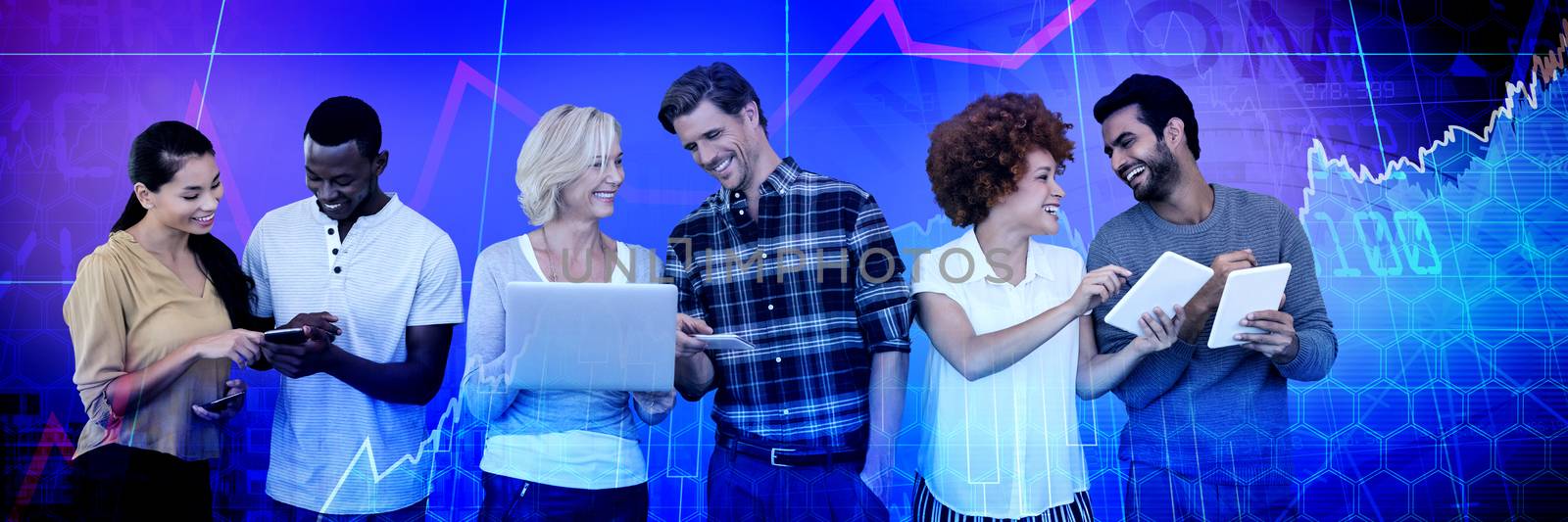 Smiling business people using technology against white background against high angle view of crowded buildings in city
