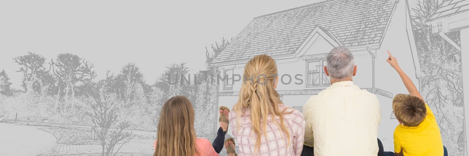 Digital composite of Family in front of house drawing sketch