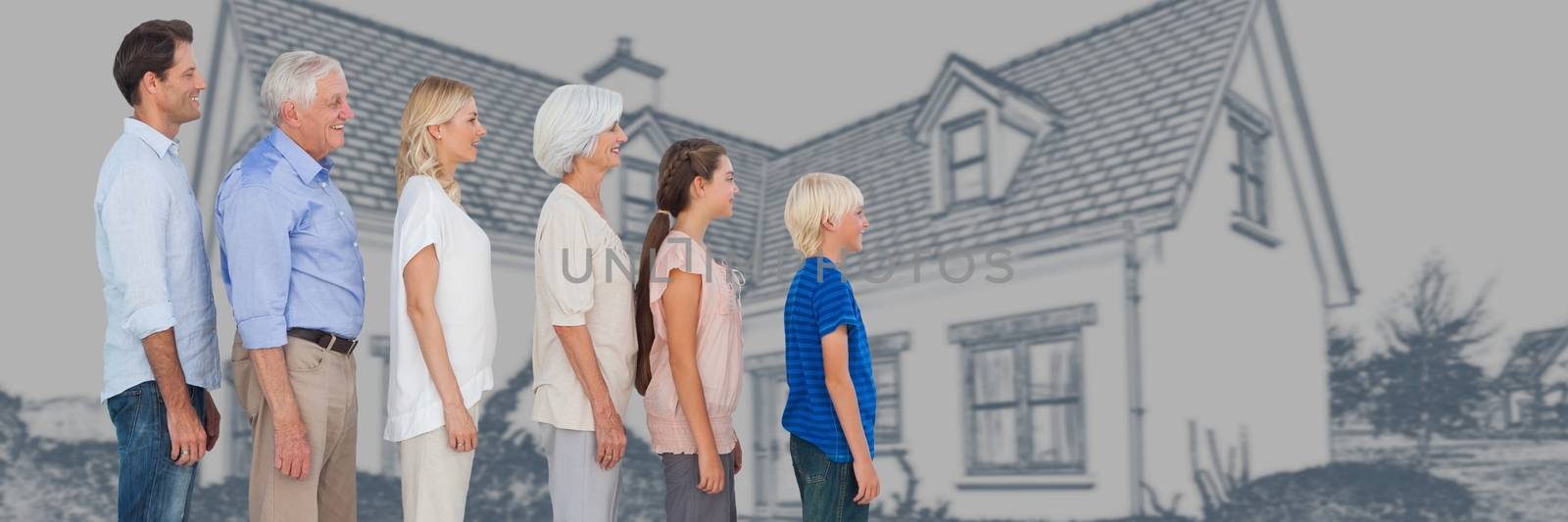 Digital composite of Family generations descending in height in front of house drawing sketch