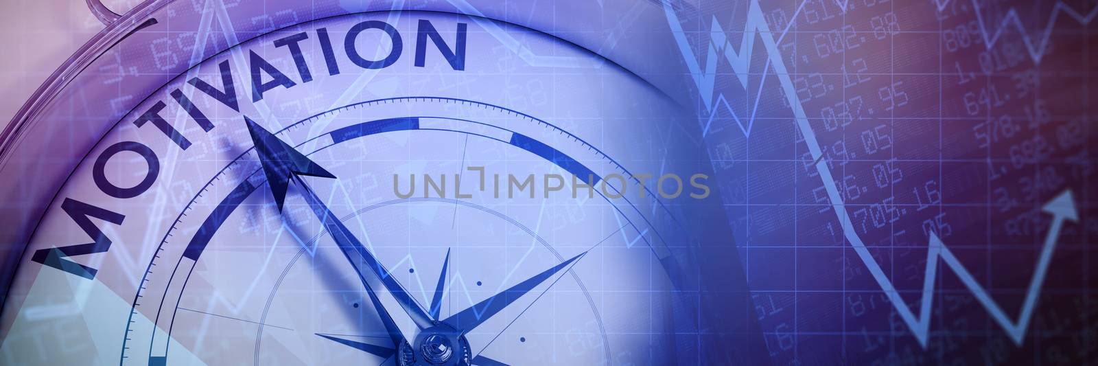Compass pointing to motivation against glass building against cloudy sky