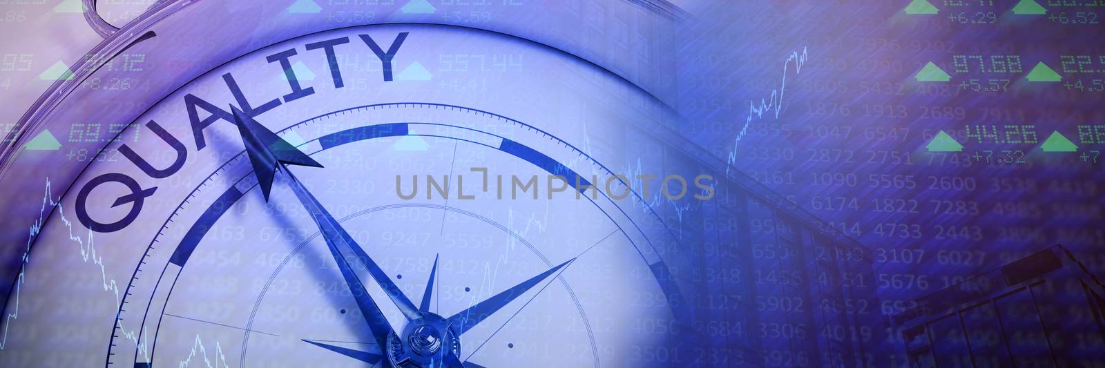 Compass pointing to quality against view of glass office building