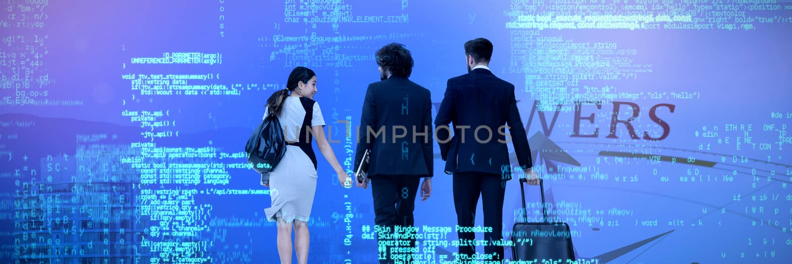Business people walking over white background against compass with answers text