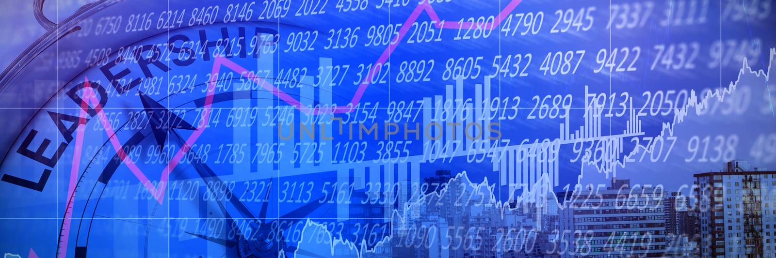 Stocks and shares against compass pointing to leadership