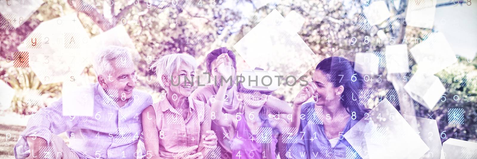 Digitally generated grey cubes floating  against girl using vr headset while sitting with her family