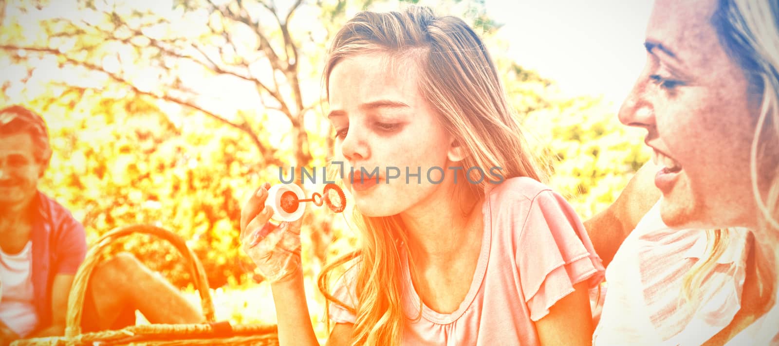 Mother and daughter blowing bubble with bubble wand at picnic in park